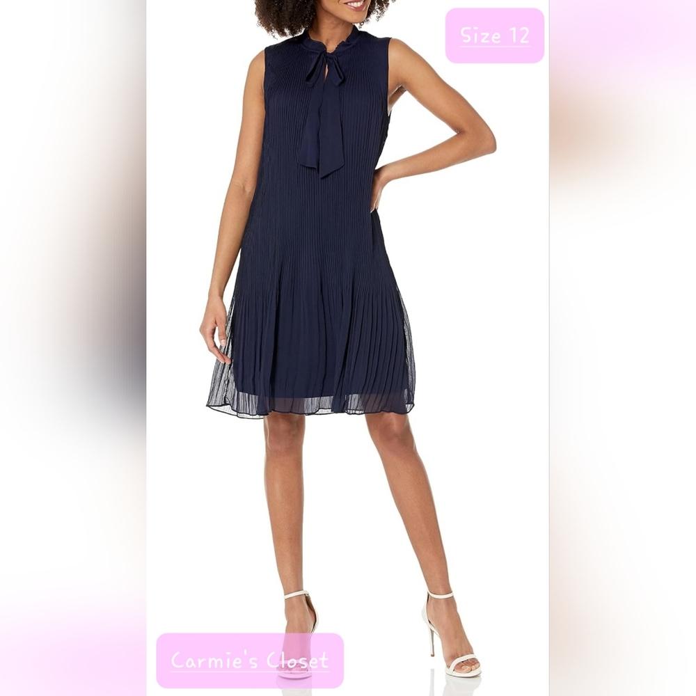 🔥NWT🔥OBO🔥 🔵 DKNY Women's Sleeveless Tie Neck Pleated Dress Midnight Size 12